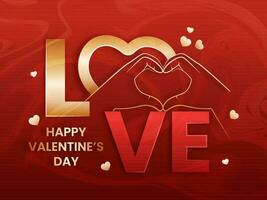 kreativ kärlek text med gyllene mänsklig händer framställning en hjärta på röd akryl flytande bakgrund för Lycklig hjärtans dag begrepp. vektor