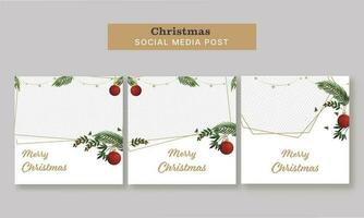 fröhlich Weihnachten Sozial Medien Post oder Vorlage einstellen mit Kugeln aufhängen, Tanne Blätter, Beere Stengel und Kopieren Raum auf Weiß Hintergrund. vektor