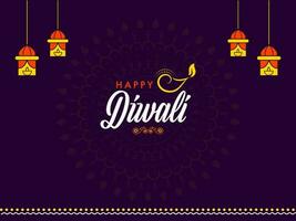 glücklich Diwali Beschriftung mit zündete Öl Lampe und hängend Lampen auf lila exquisit Mandala Muster Hintergrund. vektor