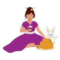 kinesisk ung kvinna Sammanträde med rolig kanin och cake illustration på vit bakgrund. vektor