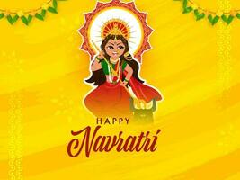 glücklich navratri Feier Poster Design mit Aufkleber Stil Göttin Durga maa Tötung Mahishasura Dämon auf Gelb Hintergrund. vektor