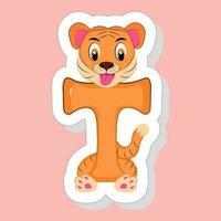 klistermärke stil t alfabet djur- tecknad serie tiger på rosa bakgrund. vektor