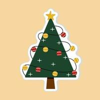 dekorerad jul träd klistermärke eller ikon i platt stil. vektor