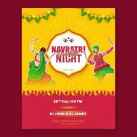 Navratri dandiya nätter fest inbjudan kort med indisk par spelar dandiya i klistermärke stil och händelse detaljer. vektor