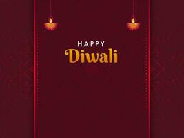glücklich Diwali Beschriftung mit zündete Öl Lampen hängen auf rot exquisit Mandala Muster Hintergrund. vektor
