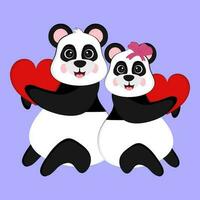 panda par med röd hjärtan. kärlek eller valentines dag begrepp. vektor