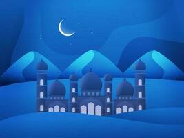 natt se av en moské i halvmåne måne ljus på öken- och bergen bakgrund, begrepp för islamic helig månad av ramadan kareem eller eid mubarak festival firande. vektor