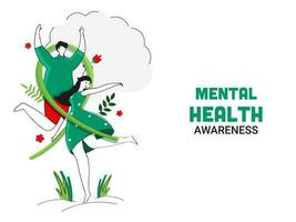 medvetenhet mental hälsa dag affisch design med tecknad serie ung flicka, pojke njuter, grön korsa band, blommor, löv på vit bakgrund. vektor
