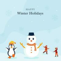 glücklich Winter Ferien Poster Design mit Karikatur Schneemann, Pinguin und heiter Kinder werfen Schneebälle jeder andere auf Blau Hintergrund. vektor