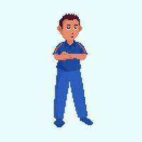 Pixel bewirken Porträt von Karikatur Kricket Spieler Stehen auf Pastell- Blau Hintergrund. vektor