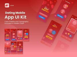 Dating App ui Kit zum reaktionsschnell Handy, Mobiltelefon Anwendung oder Webseite mit mehrere gui einschließlich Anmeldung, Zeichen hoch, Platz und Benutzer Profil Art Bildschirme. vektor