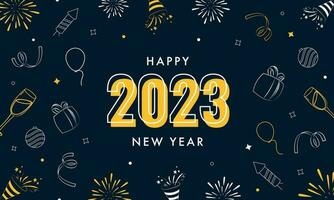 2023 glücklich Neu Jahr mit Gekritzel Stil Party oder Vorabend Symbole dekoriert auf Blau Hintergrund. vektor