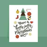 ha en järnek glad jul text med vektor xmas träd, struntsak, blommor, snöflingor, kopp, godis sockerrör och ull strumpa på vit bakgrund.