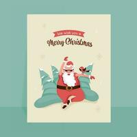 glad jul hälsning kort med glad santa claus, fågel och xmas träd på beige snöflingor bakgrund. vektor