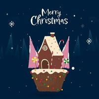 Weihnachten Cupcake dekoriert durch Kamin Haus, Baum, Süßigkeiten und Beleuchtung Girlande gegen Blau Schneefall Hintergrund. fröhlich Weihnachten Gruß Karte. vektor