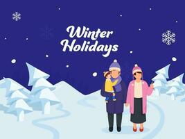 Winter Ferien Poster Design, gesichtslos jung Paar mit Baby Junge im Wolle Kleider und Origami Papier Weihnachten Baum gegen Blau Schnee Hintergrund. vektor