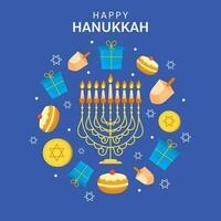 glücklich Chanukka Feier Gruß Karte mit Festival Elemente dekoriert auf Blau Hintergrund. vektor