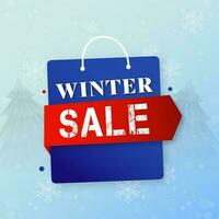 vinter- försäljning affisch eller mall design med handla väska, snöflingor och xmas träd på blå bokeh fläck bakgrund. vektor