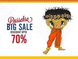 Dussehra groß Verkauf Poster Design mit Rabatt Angebot und Dämon König Ravana auf Weiß und Gelb Hintergrund. vektor
