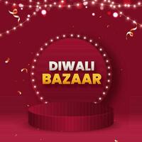 diwali basar affisch design med tält runda ram, tömma podium och belysning krans på röd bokeh bakgrund. vektor