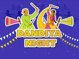 Aufkleber Stil Dandiya Nacht Schriftart mit gesichtslos indisch Paar spielen und vuvuzela auf Blau Hintergrund. vektor