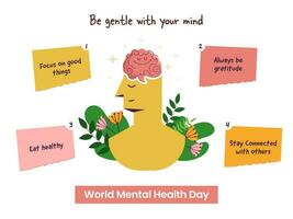 Tipps zum Aufrechterhaltung Ihre mental Gesundheit Poster Design mit Mensch Kopf Gehirn und Blumen- auf Weiß Hintergrund zum Bewusstsein. vektor