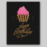 golden glücklich Geburtstag zu Sie Schriftart mit köstlich Cupcake und funkeln bewirken auf schwarz Hintergrund. vektor