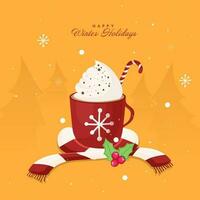 glücklich Winter Ferien Poster Design mit ausgepeitscht Sahne Kakao Tasse, Süßigkeiten Stock, wolle Schal und Stechpalme Beere auf Orange Schneefall Hintergrund. vektor
