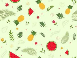 Sommer- Zeit Hintergrund mit Ananas, Wassermelone Scheiben und Grün tropisch Blätter. vektor