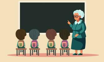 Alten weiblich Lehrer Charakter geben Anleitung zu ihr Studenten im Vorderseite von leeren Tafel im Klassenzimmer. glücklich Lehrer Tag Konzept. vektor