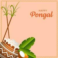 Lycklig pongal firande hälsning kort med traditionell maträtt i lera pott, banan löv, halv kokos, ringblomma blomma och sockerrör på persika bakgrund. vektor