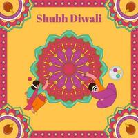 shubh diwali hälsning kort med indisk kvinnor framställning rangoli och belyst olja lampor mandala på krom gul och rosa bakgrund. vektor