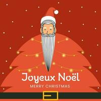 glad jul text skriven i franska språk med tecknad serie santa claus i xmas träd form och belysning krans på bränd röd bakgrund. vektor