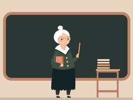 Alten weiblich Lehrer zeigen Stock mit leeren Tafel, Bücher beim Schemel Illustration. glücklich Lehrer Tag Konzept. vektor