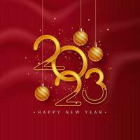 3d eleganta gyllene 2023 siffra med kreativ klocka och hängande grannlåt på röd silke Vinka bakgrund för Lycklig ny år begrepp. vektor