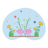 Vektor Illustration von glücklich und traurig Herz Stehen mit Blumen- Natur Aussicht gegen Hintergrund zum mental Gesundheit Tag Konzept.