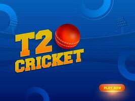 t20 cricket text med realistisk röd boll på blå stadion se bakgrund med Plats för din meddelande. vektor