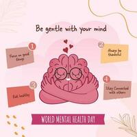 Tipps zu nehmen Pflege von Ihre mental Gesundheit Einzelheiten mit Karikatur Gehirn auf Rosa Hintergrund. vektor