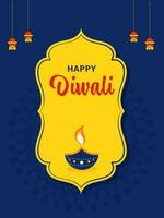 Lycklig diwali firande hälsning kort med brinnande olja lampa, hängande lampor på gul och blå mandala mönster bakgrund. vektor