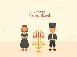 glücklich Chanukka Feier Konzept mit beleuchtet Kandelaber und gesichtslos Israel jung Paar halten Gelee Krapfen im traditionell Kleidung. vektor