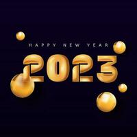 gyllene 2023 siffra med 3d lysande bollar eller sfär dekorerad på mörk lila bakgrund för Lycklig ny år begrepp. vektor