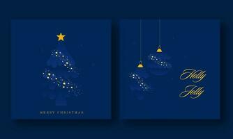 fröhlich Weihnachten Gruß Karte mit kreativ Weihnachten Baum und Kugeln hängen auf Blau Hintergrund im zwei Optionen. vektor