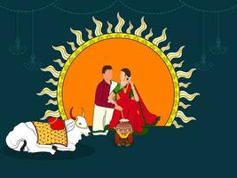 gesichtslos Süd indisch jung Frau Rühren Reis im Schlamm Topf mit seine Ehemann, Ochse Tier, Sonne und Kopieren Raum auf blaugrün Blau Hintergrund. vektor