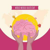 värld mental hälsa dag affisch design med mänsklig hand innehav hjärna på rosa och beige bakgrund. vektor