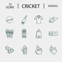 Skizzierung Stil 12 Kricket Spielen Symbole Pack. vektor