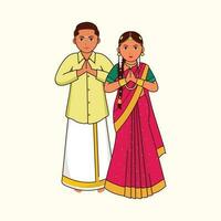 Süd indisch Tamil nadu Hochzeit Paar Gruß namaste im traditionell Kleid gegen kosmisch Latté Hintergrund. vektor