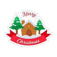 glad jul firande begrepp med snö täckt skorsten hus och xmas träd på vit bakgrund. vektor