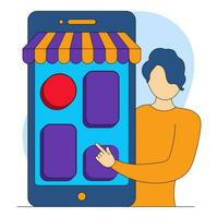 gesichtslos Frau Bestellung online von E-Shop im Smartphone auf Blau und Weiß Hintergrund. vektor