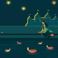 ansiktslös indisk ung kvinna frisättande belyst olja lampor över flod nära ayodhya se på blå bakgrund. vektor