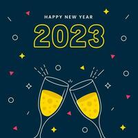 2023 glücklich Neu Jahr Gruß Karte mit Toast Glas auf Blau Hintergrund. vektor
